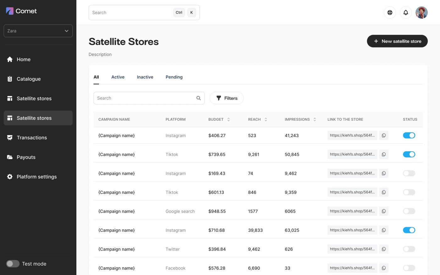 One Comet console managing storefronts across multiple client brands, with a brand switcher and a table of live stores